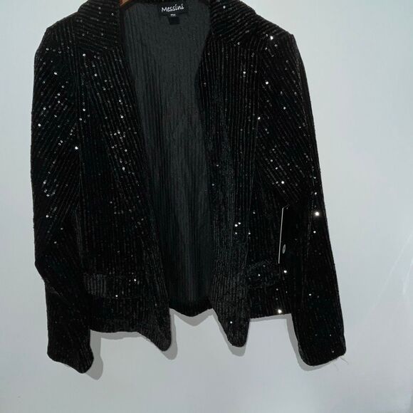 Messini Women's Black Sequined Open Front Blazer Jacket Petite Medium NWT - Picture 2 of 8